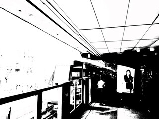 Landscape of Metro Station and City Passengers Black and white illustrations.
