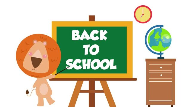 Cute lion standing with back to school text