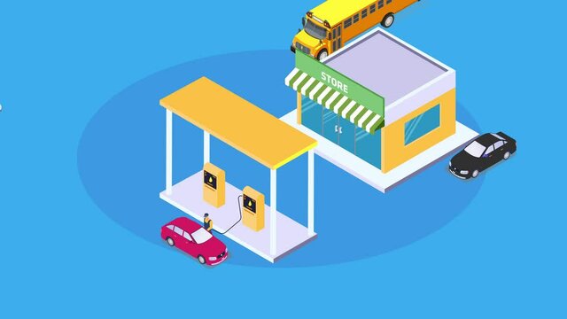 Petrol gas station with cars and bus