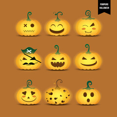 Set of pumpkins yellow glowing cute cartoon icons. Collection of pumpkin jack 'o lanterns. Character face expression. Composition for decorative Halloween day. Vector illustration.