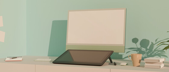 Stylish working space with computer and drawing tablet, 3D rendering