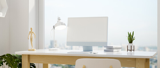 Computer devices with mock-up screen and decorations on the desk beside glass wall window, 3D rendering