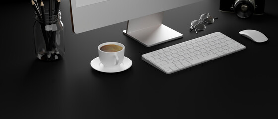 Dark computer desk with coffee cup, stationery, camera, glasses and copy space, 3D rendering