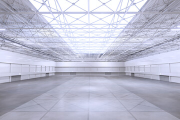 Empty exhibition center. backdrop for exhibition stands.white stadium.organic farm.3d render.