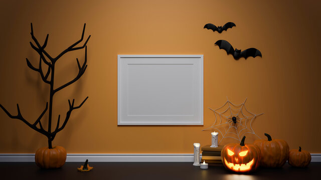 Halloween decoration concept with mock-up frame, pumpkin lamp and  dried tree decorated in the room, 3D rendering