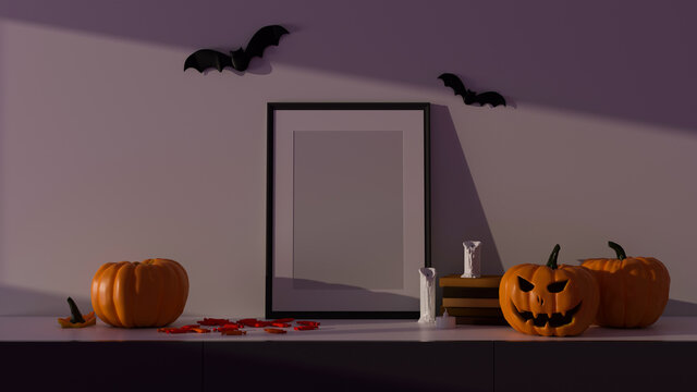 Halloween party decorations with mock-up frame and pumpkin lamps in living room, 3D rendering