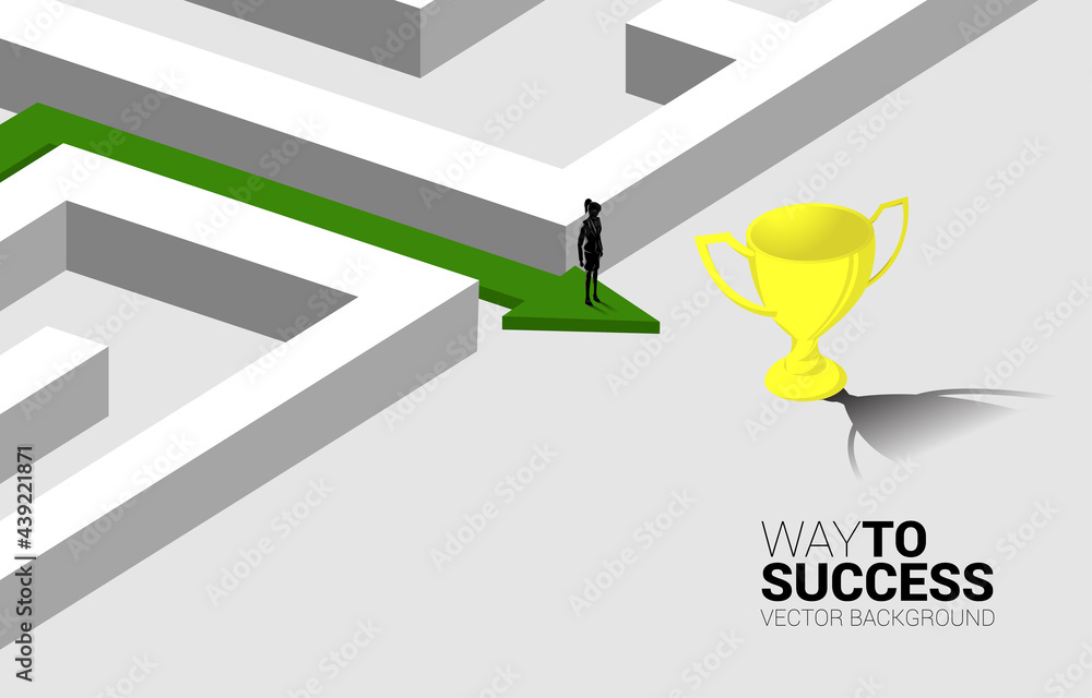 Poster Silhouette of Businesswoman on Arrow with route path to exit the maze to golden trophy. Business concept for problem solving and solution strategy