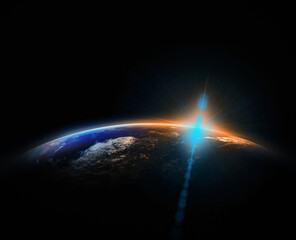 Part of earth with sun rise and lens flare background, Internet Network concept, Elements of this image furnished by NASA