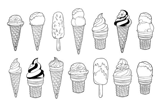 Set of vector hand drawn linear ice cream illustrations. Eskimo pie ice cream cone. Ice lolly. Popsicle cake. Chocolate-coated cake with boiled condensed milk, nuts, caramel, waffles, cornflakes.