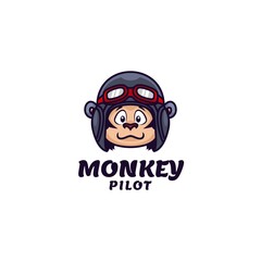 Vector Logo Illustration Monkey Pilot Simple Mascot Style.