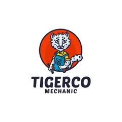 Vector Logo Illustration Tiger Mechanic Mascot Cartoon Style.