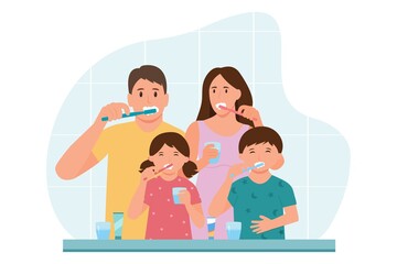 Obraz premium Family are brushing teeth together.Happy family with toothbrushes in bathroom.Daily routine dental hygiene. Vector illustration.