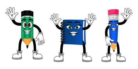 Mascot pencil and notepad characters standing and waving together with colorful outfit