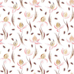 Floral seamless pattern of irises and dandelion seeds. Irises painted imitation of oil paint. Creative execution of floral ornament. Brown pink flowers on a white background.