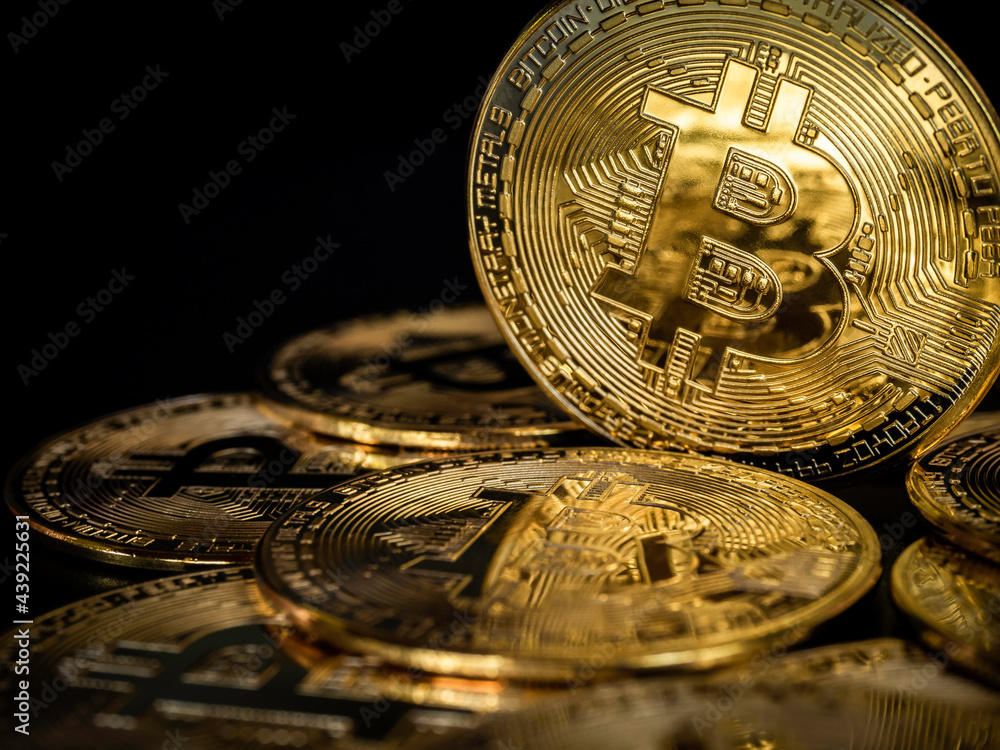 Poster bitcoin technology background. close-up shiny golden bitcoin on dark background with copy space. cry