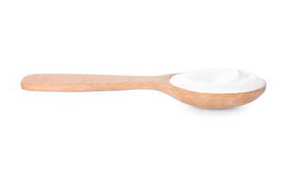 Spoon with tasty yogurt on white background