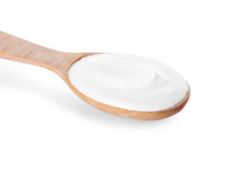 Spoon with tasty yogurt on white background