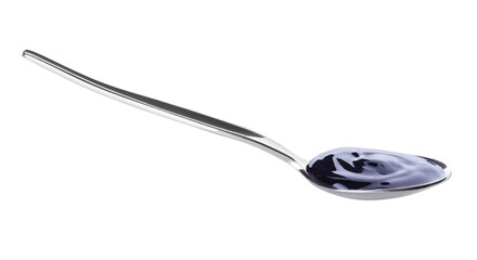 Spoon with tasty plum jam on white background