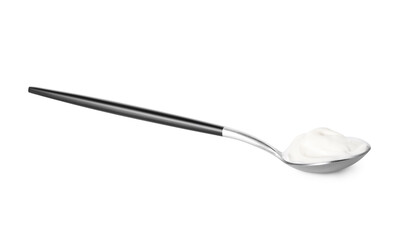 Spoon with tasty yogurt on white background