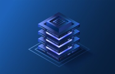 Isometric data server icon. Futuristic technlology database. 3d cloud center. Hosting storage concept. Vector illustration.