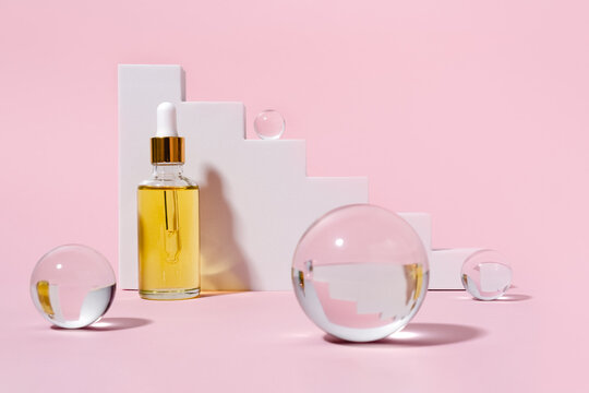 Dropper glass bottles with pipette. Transparent hyaluronic natural beauty product and eco serum skin care concept. Top horizontal view copyspace