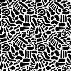 Brush strokes vector seamless pattern. Chaotic rough vertical smears. Black paint freehand scribbles. Grungy daub, chaotic brush strokes on white background. Hand drawn grunge ink illustration.