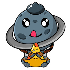 Cartoon character planet uranus astronaut mascot eating triangle pizza