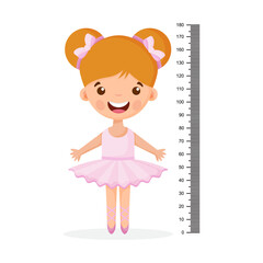Kids meter wall with a cute cartoon girl and measuring ruler. Vector illustration of an girl isolated background.