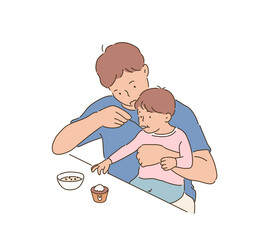 The father sits the baby on his lap and feeds him. hand drawn style vector design illustrations. 