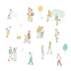 Small and simple people characters are walking on the street. hand drawn style vector design illustrations. 