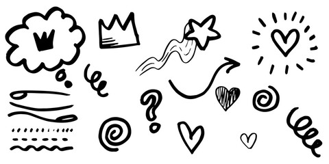 hand drawn set of curly swishes, swashes, swoops. Abstract arrows,  Arrow, heart, love, star, leaf, sun, light, crown, king, queen, on doodle style for concept design. vector illustration.