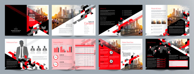 Corporate business presentation guide brochure template, Annual report, 16 page minimalist flat geometric business brochure design template, A4 size.