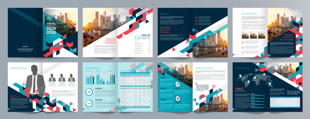 Corporate business presentation guide brochure template, Annual report, 16 page minimalist flat geometric business brochure design template, A4 size.