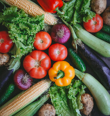 Mix of vegetables and herbs on a dark background, Harvest, Top view, Selective focus