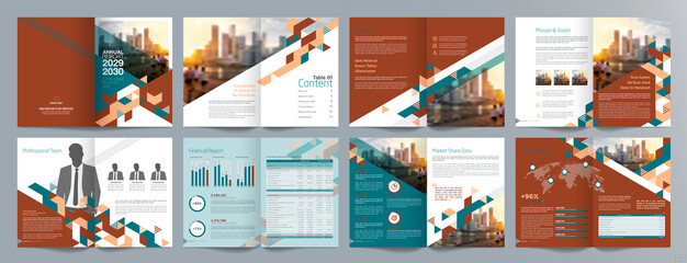 Corporate business presentation guide brochure template, Annual report, 16 page minimalist flat geometric business brochure design template, A4 size.
