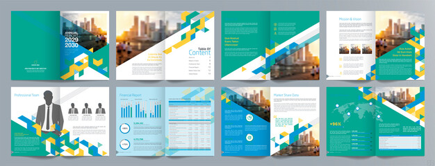 Corporate business presentation guide brochure template, Annual report, 16 page minimalist flat geometric business brochure design template, A4 size.
