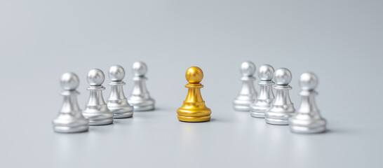 golden chess pawn pieces or leader businessman stand out of crowd people of silver men. leadership,...