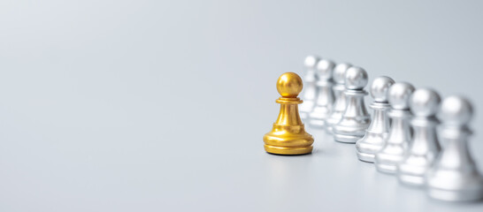 golden chess pawn pieces or leader businessman stand out of crowd people of silver men. leadership,...