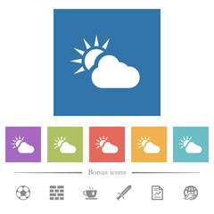 Cloudy weather flat white icons in square backgrounds
