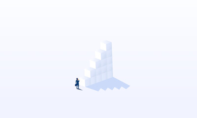 Businessman rising stairs to reach the top of the tower concept in isometric background vector design.