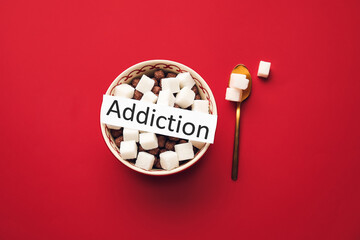 Word ADDICTION and bowl with sugar on color background