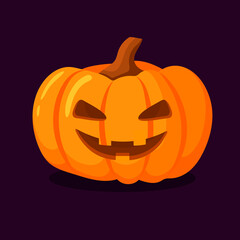 pumpkin on a dark background with a carved smile. Orange pumpkin with a smile for your design for the holiday Halloween. Vector illustration.