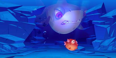 Shark and puffer fish in sea or ocean bottom with rocks around. Underwater characters with cute and angry faces and big eyes, creatures for computer game, marine animals, Cartoon vector illustration © klyaksun