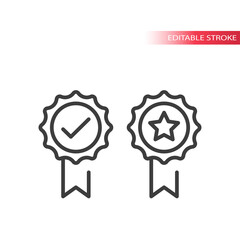 Quality award badge with tick and star icon. Thin line, editable stroke.