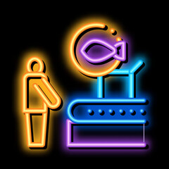 fish factory conveyor neon light sign vector. Glowing bright icon fish factory conveyor sign. transparent symbol illustration