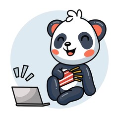 Cute panda cartoon laughing on laptop with french fried