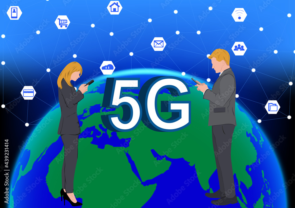 Poster business woman and man using smartphone for connection by technology, concept anytime anywhere conne