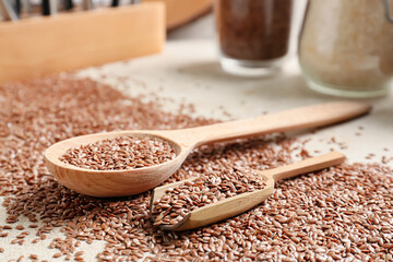 Composition with flax seeds on kitchen table