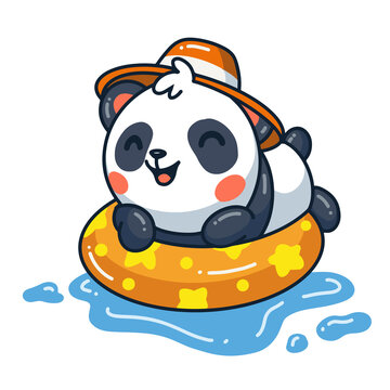 Cute panda cartoon swimming on pool ring inflatable