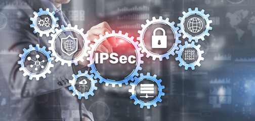 IP Security. Data Protection Protocols. Blue Technology Background. IPSec